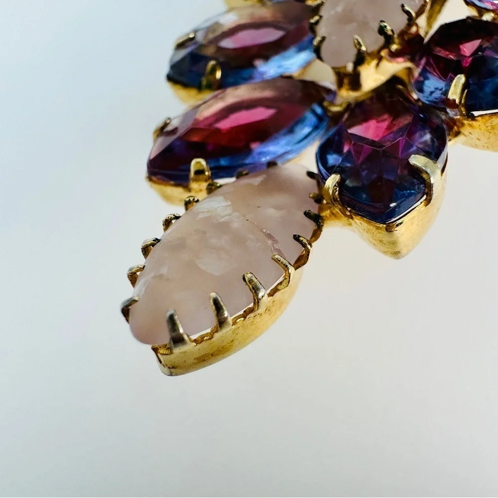 Vintage 1950s Brooch & Clip Earrings Set Amethyst & Frosted Rhinestone Marquise